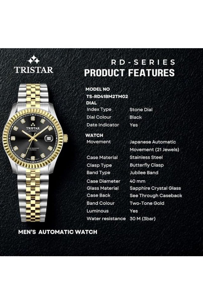 Tristar ساعة أوتوماتيكية يابانية للرجال من سلسلة تريستار RD بقرص أسود وسوار من الفولاذ المقاوم للصدأ بتصميم ثنائي اللون - Image 4