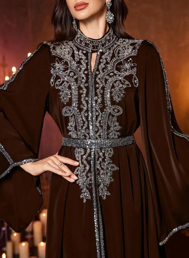 Unithorse dark brown Coffee Brown Sequin Long Sleeves A-Line Maxi Dress for Women | Best Price UAE