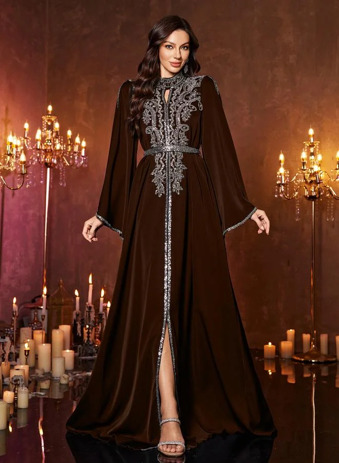 Unithorse dark brown Coffee Brown Sequin Long Sleeves A-Line Maxi Dress for Women | Best Price UAE