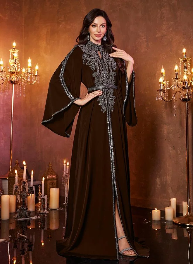 Unithorse dark brown Coffee Brown Sequin Long Sleeves A-Line Maxi Dress for Women | Best Price UAE