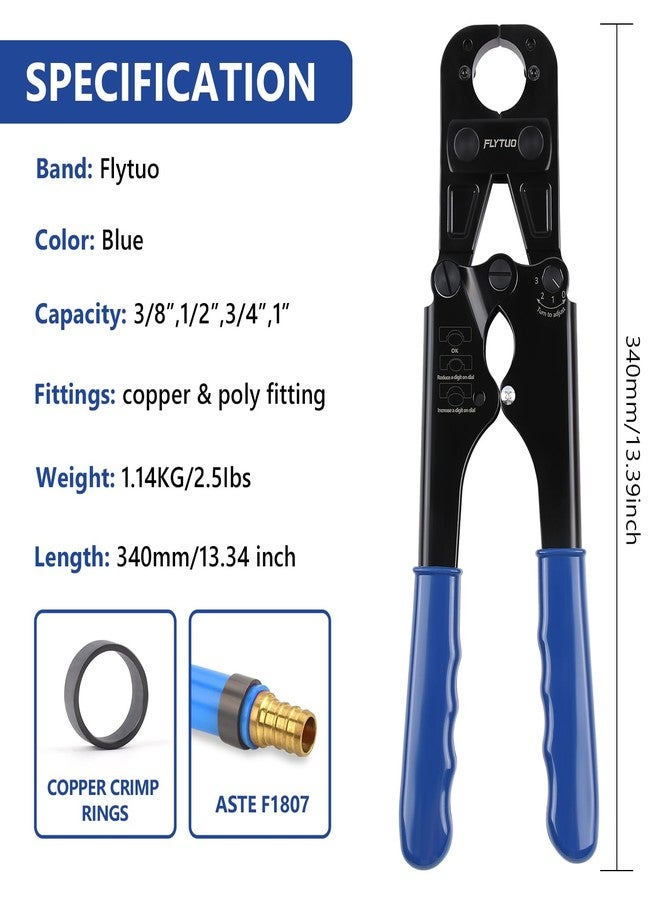 Flytuo PEX Crimping Tool Set Interchangeable Jaw with 4 Sizes - 1", 1/2", 3/4", 3/8" for Copper Crimp Rings, Includes Go/No-Go Gauge, Complies with ASTM F1807 Standard - Image 2