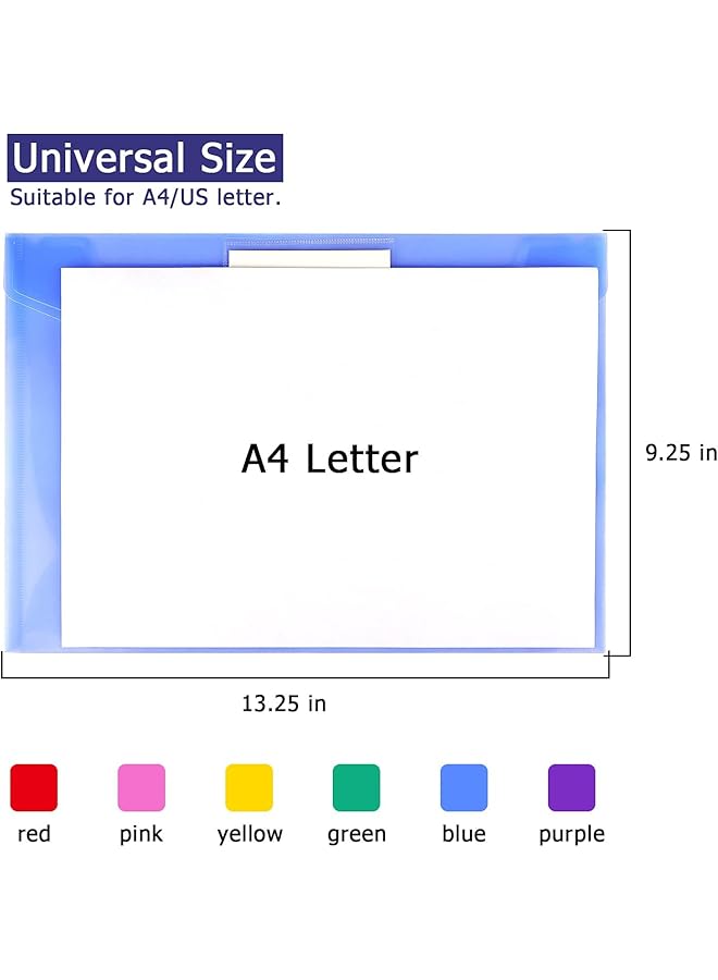 SAGREENY 6 Pack Clear Document Folders Plastic Envelopes Poly Envelopes File Envelopes With Label Pocket And Snap Button For Home Work Office Organization Letter Size A4 Size 6 Colors - Image 3