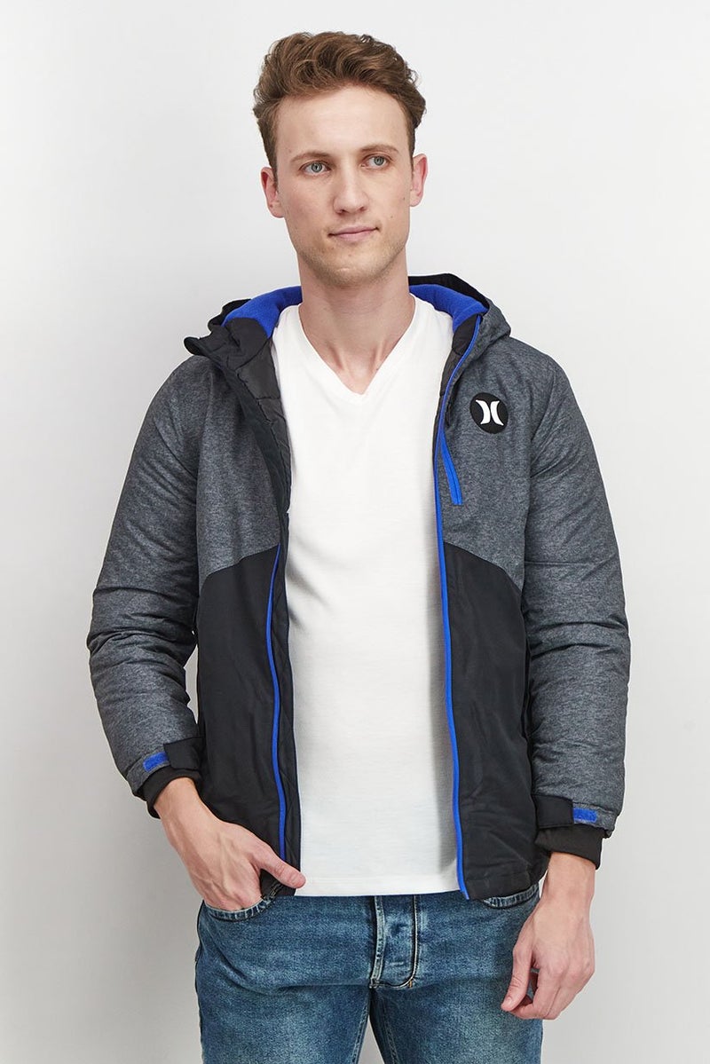 Hurley Men Brand Logo Bomber Jacket, Grey and Black  - Image 1