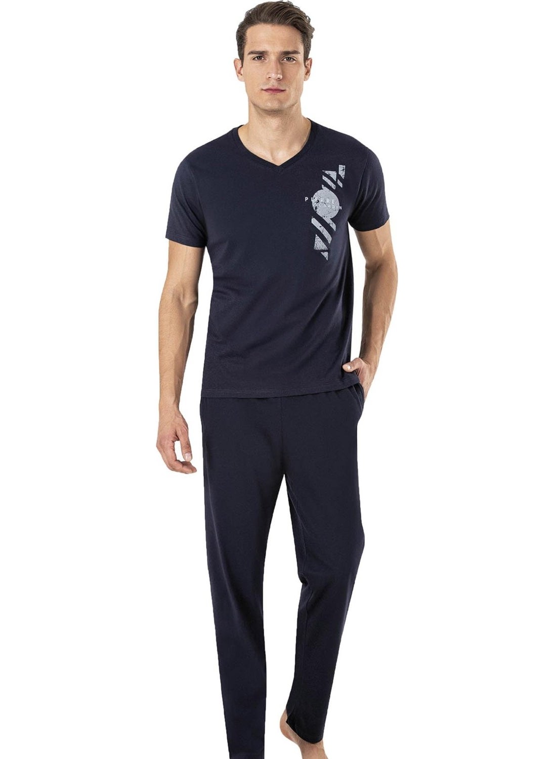 pierre cardin - Men's V Neck 100% Cotton Combed Cotton Pajama Set - Image 1