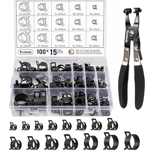 Toolwiz 100Pcs 6-25mm Spring Band Hose Clamp Assortment with Swivel Clamp Pliers, Constant Tension Radiator Hose Clamps, Black Hose Clips for Fuel Line, Silicone Vacuum Hose, Air Tube, Water Pipe - Image 1