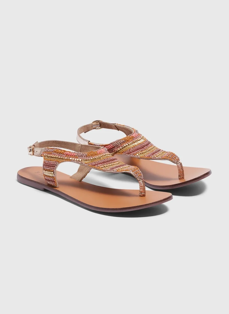 Matalan Pink Beaded Leather Sandals