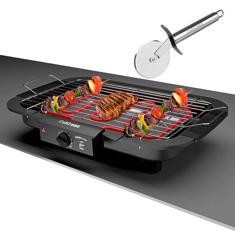 Cultbuzz 2000 Watt Electric Barbecue Grill Smokeless Portable Adjustable Temperature Control Indoor And Outdoor For Home Removable Water Filled Drip Tray Bbq With Pizza Cutter, Free Standing, Black - Image 1