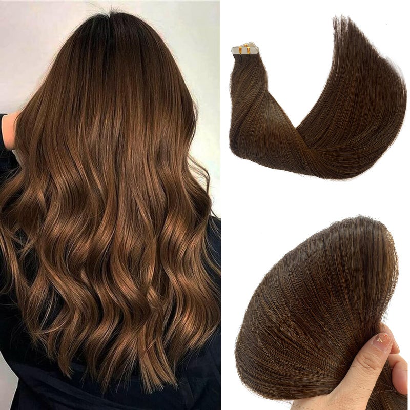 Brown Tape in Hair Extensions Human Hair for Women Medium Brown Seamless Skin Weft Tape in Soft Straight 100 Real Human Hair Extensions Tape ins Invisible Hair Extensions 16Inch Glue in Extensions