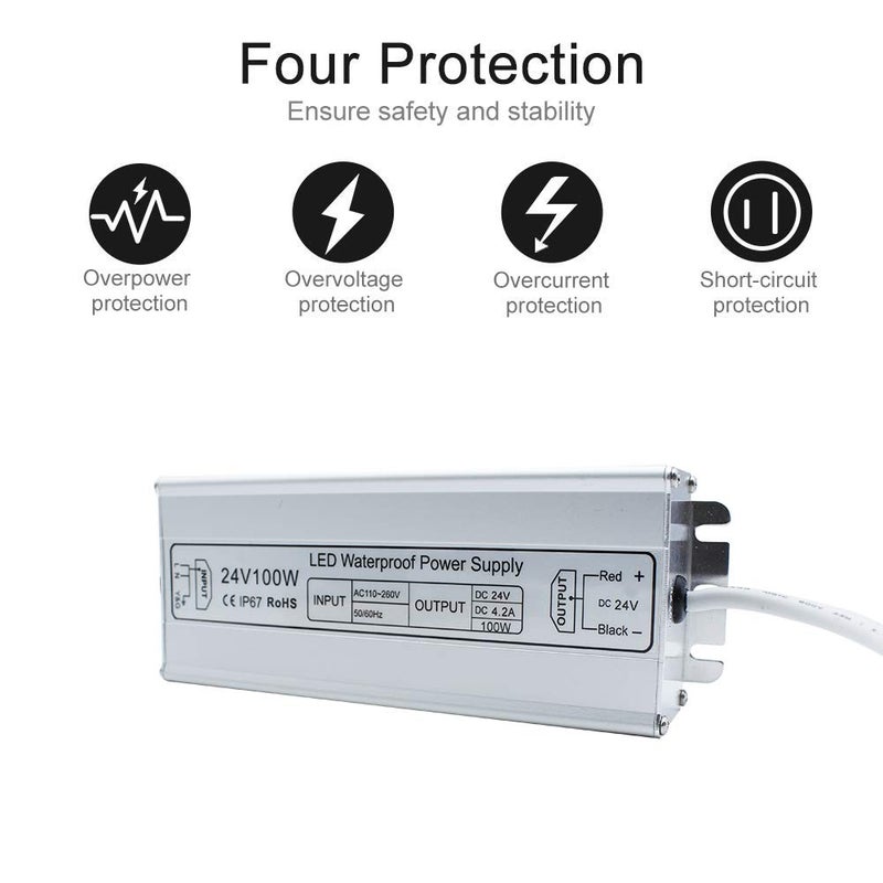inShareplus LED Power Supply, 100W IP67 Waterproof Outdoor Driver,AC 110-260V to DC 24V 4.2A Low Voltage Transformer, Adapter with 3-Prong Plug for LED Light, Computer Project, Outdoor Use - Image 2
