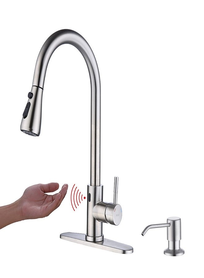 Keer Touchless Faucet with Pull Down Sprayer, Motion Sensor & Soap Dispenser - Single High Arc Pull Out Faucet for Kitchen Sink, RV - Brush Nickel - Image 1