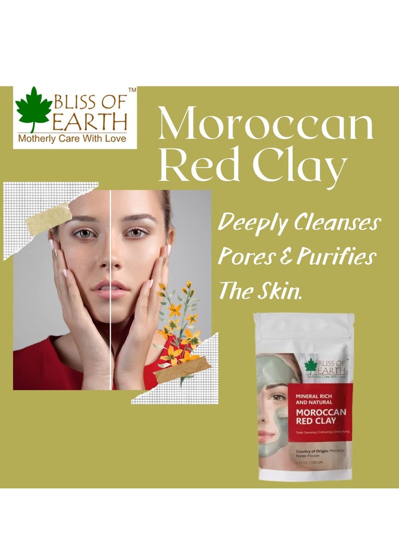 BLISS OF EARTH Original Moroccan Red Clay Powder | 100GM | Natural Facial Mask & Skin Care Treatment | Anti-Ageing | Heals Dry & Oily Skin | Detoxifying & Rejuvenating |  - Image 2