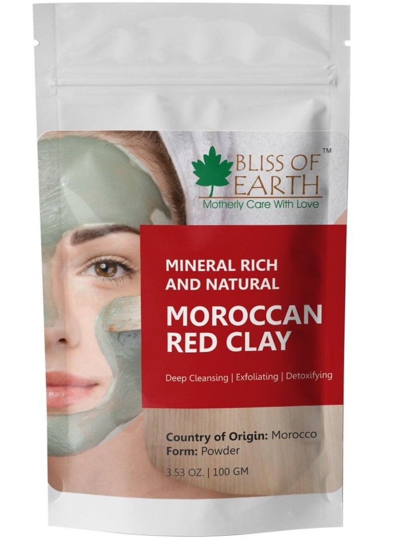 BLISS OF EARTH Original Moroccan Red Clay Powder | 100GM | Natural Facial Mask & Skin Care Treatment | Anti-Ageing | Heals Dry & Oily Skin | Detoxifying & Rejuvenating |  - Image 1