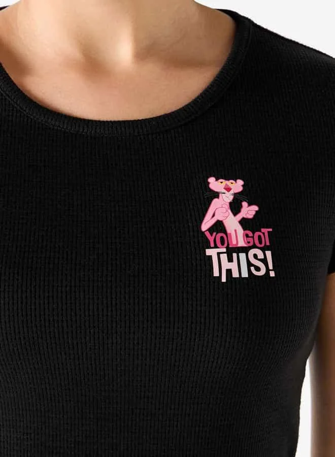 SP Characters Pink Panther Print Round Neck T-shirt with Short Sleeves