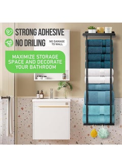 MarlaMall MarlaMall Towel Rack with Shelf for Bathroom Wall Mounted,Retractable Height Metal Bath Towel Rack with Reliable Hooks Storage for Rolled Towel, Modern Bathroom Organizer  - Image 2