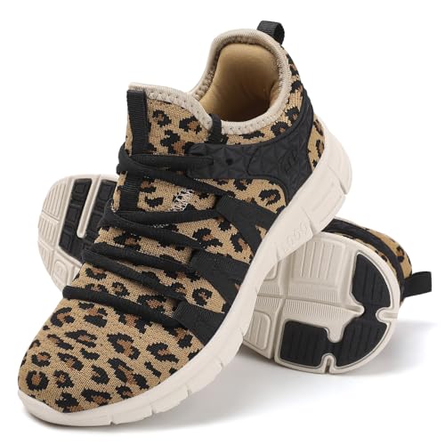 INZCOU Running Shoes Lightweight Tennis Shoes Non Slip Gym Workout Shoes Breathable Mesh Walking Sneakers 7women 6men Leopard Print - Image 1