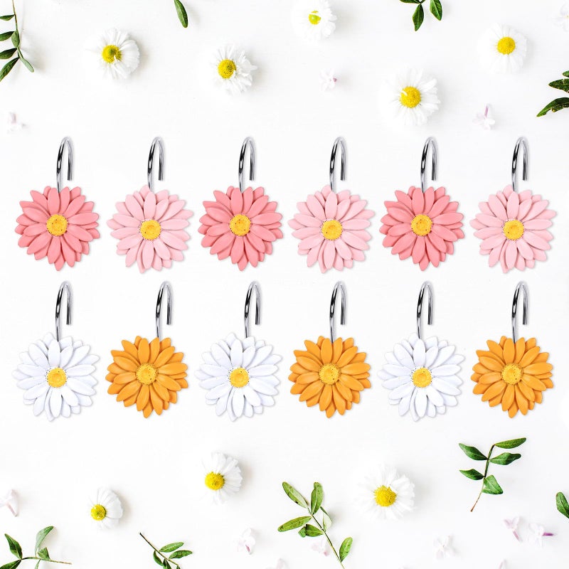 Whaline 12Pcs Boho Shower Curtain Hooks Summer 4 Colors Daisy Flower Curtain Rings Floral Decorative Curtain Hanger Hooks for Living Room Bedroom Bathroom Decor