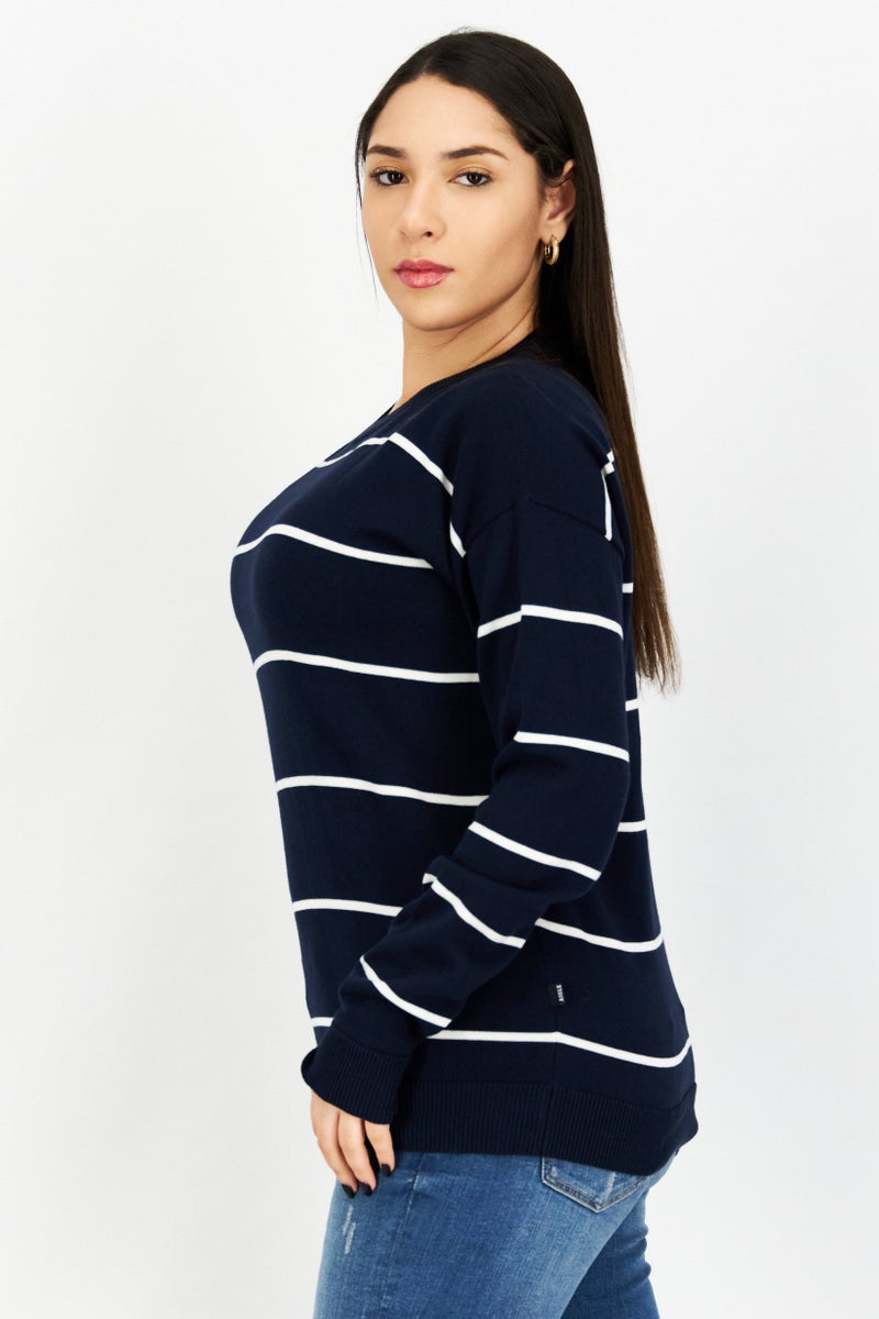 Aigle سويت شيرتات مخططة برقبة دائرية للنساء، كحلي - Image 3