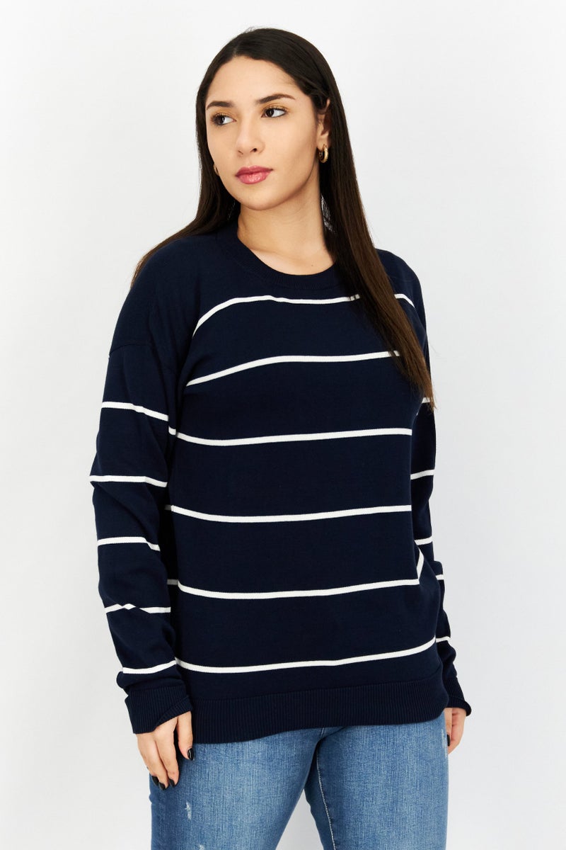 Aigle سويت شيرتات مخططة برقبة دائرية للنساء، كحلي - Image 1