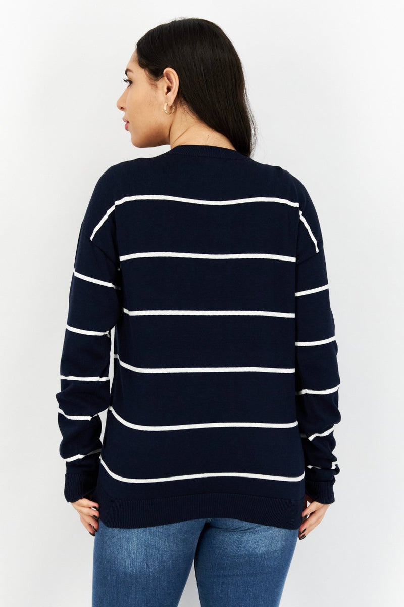 Aigle Women Crew Neck Stripe Sweaters, Navy - Image 2