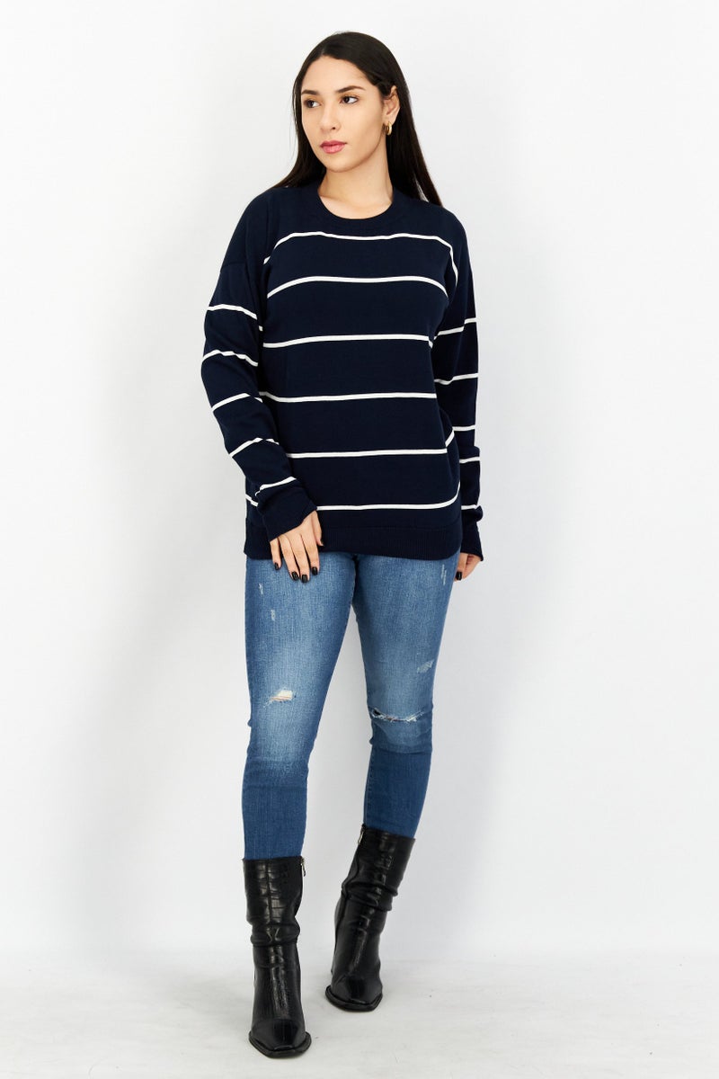 Aigle Women Crew Neck Stripe Sweaters, Navy - Image 2