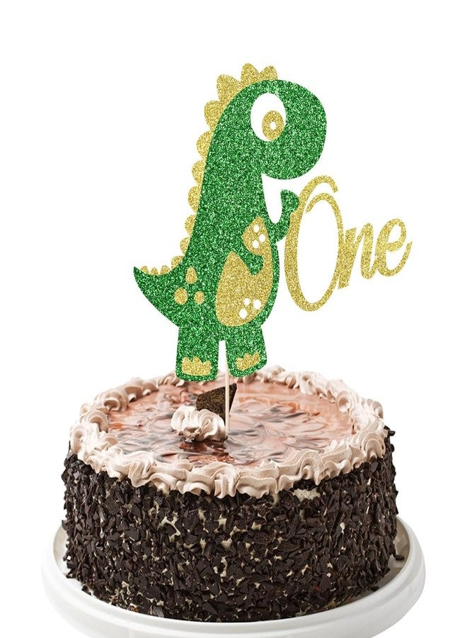 YUINYO Dinosaur One Cake Topper 1st Birthday for Boy Dinosaur Birthday Party Decoration (Gold green) - Image 1
