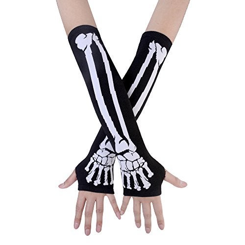 JISEN Women Punk Winter Arm Warmer Knitted Stretchy Soft Fingerless Gloves White Skeleton - Image 1