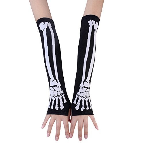 JISEN Women Punk Winter Arm Warmer Knitted Stretchy Soft Fingerless Gloves White Skeleton - Image 4