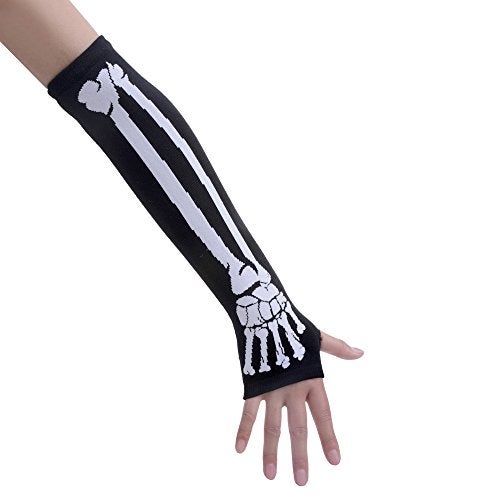 JISEN Women Punk Winter Arm Warmer Knitted Stretchy Soft Fingerless Gloves White Skeleton - Image 2