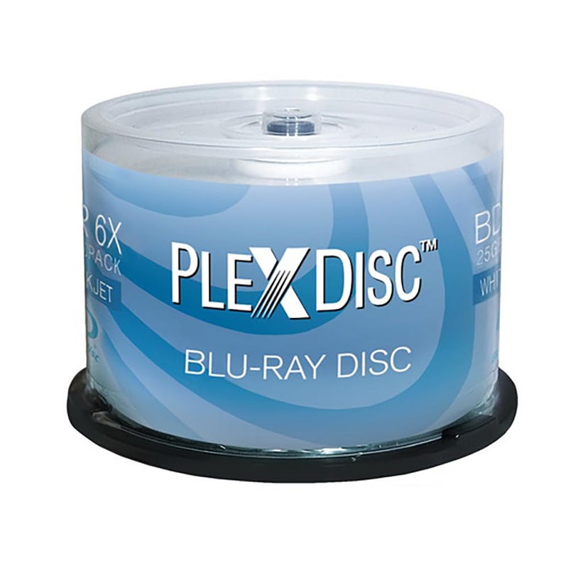 PlexDisc 633-214 25 GB 6X Blu-ray White Inkjet Printable Single Layer Recordable BD-R, 50pk Cake Box, 50 Discs - Image 1