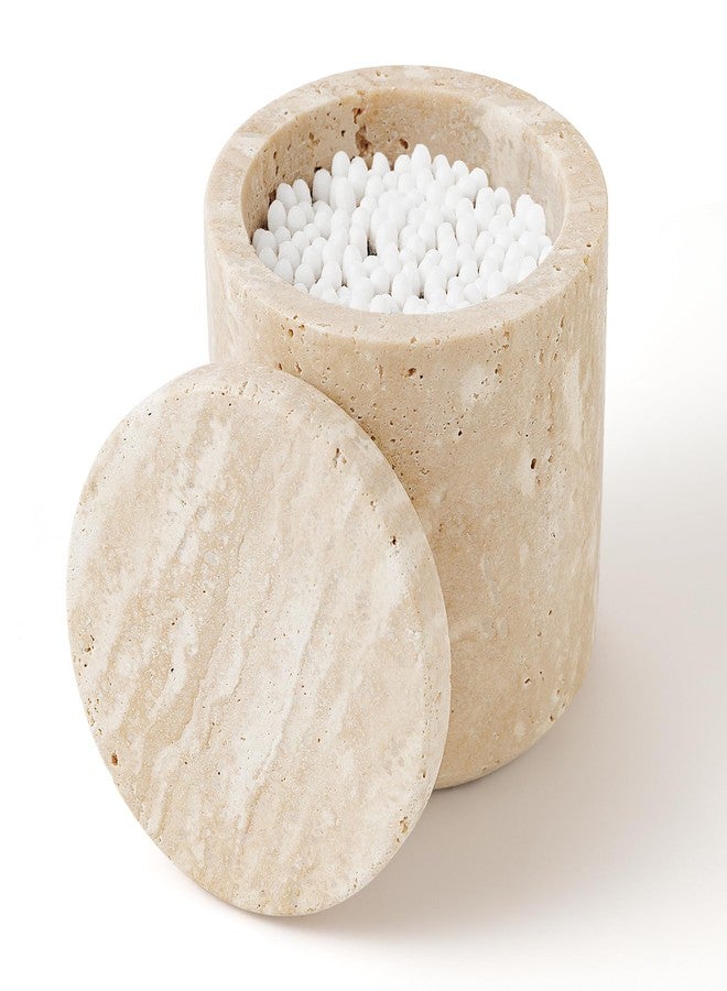 WORHE Travertine Qtip Holder Dispenser with Lid for Cotton Swabs,Balls,Pads,Floss Picks Large Capacity Marble Apothecary Jar for Bathroom Essentials Decor, Vanity Makeup Storage Organizer Beige(WH050) - Image 1