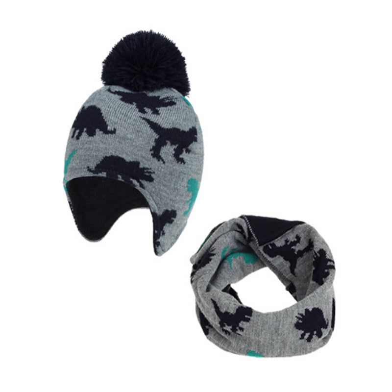 Source factory  e-commerce childrens baby scarf 2-piece set dinosaur ear protection plus velvet hat scarfDark gray M 1-3 years old Dark gray M 1-3 years old 