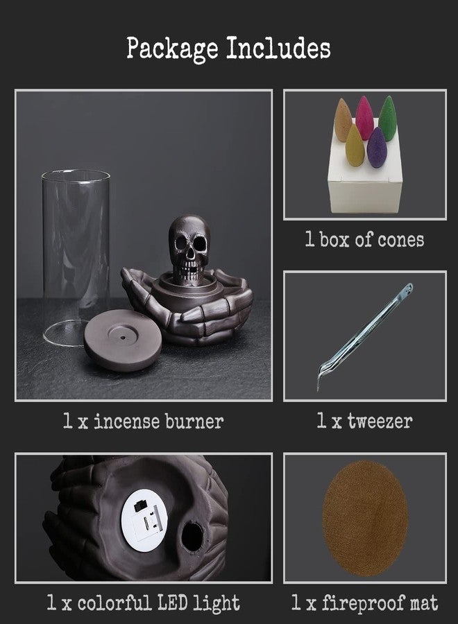 HaisWonsa حامل مبخرة على شكل جمجمة من هايسوونسا - شلال ارتدادي، مبخرة سيراميك LED فريدة على شكل هيكل عظمي مع 15 مخروط بخور للهالوين/العلاج العطري/اليوجا/ديكور المنزل/الغرفة/المكتب - Image 4