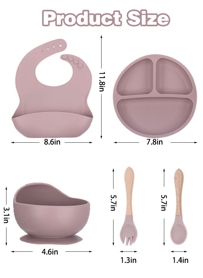 Sharpdo 5-Pieces Silicone Baby Feeding Set, Baby Led Weaning Supplies with Suction Bowl and Divided Plate, Wooden Spoon and Fork, Toddler Tableware Set with Adjustable Soft Silicone Bib - Image 2