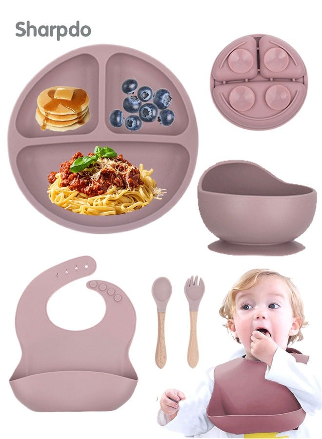 Sharpdo 5-Pieces Silicone Baby Feeding Set, Baby Led Weaning Supplies with Suction Bowl and Divided Plate, Wooden Spoon and Fork, Toddler Tableware Set with Adjustable Soft Silicone Bib