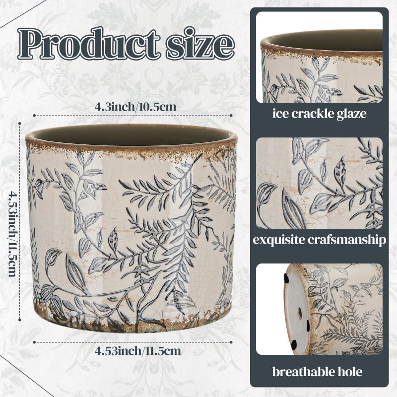 Potchen Indoor Ceramic Plant Pots with Drainage Hole 5 Inch Chinese Glaze Ice Crack Flower Pot Vintage Succulent Pots Porcelain Decorative Planter for Plants Herb Home Decor(Grey,Retro Style) - Image 2