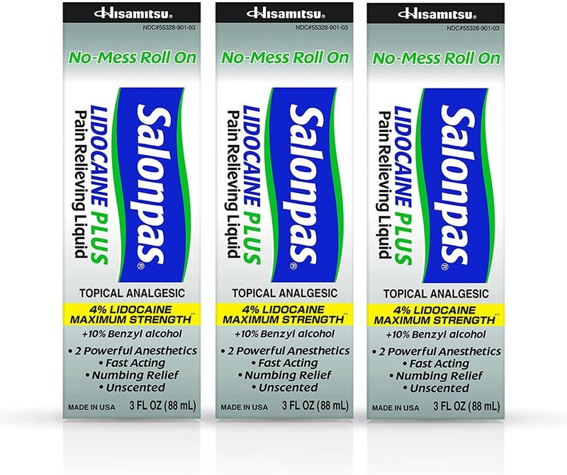 Salonpas LIDOCAINE PLUS 3 oz ROLL ON Pain Relieving Liquid! Maximum Strength 4% Lidocaine for Numbing Pain Relief! MESS FREE Application! (3 PACK)