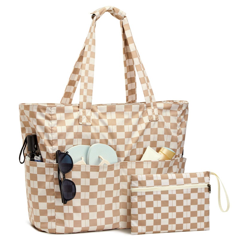 G4Free XL Beach Bag Waterproof Sandproof Large Foldable Beach Tote with Zipper for Women Pool Travel Swim Grocery Tote Bags Brown Checkered - Image 2