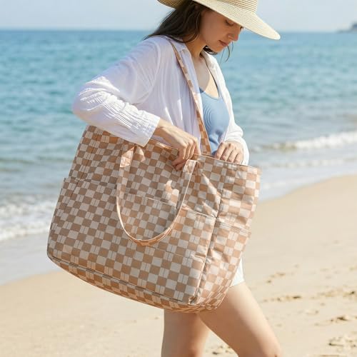 G4Free XL Beach Bag Waterproof Sandproof Large Foldable Beach Tote with Zipper for Women Pool Travel Swim Grocery Tote Bags Brown Checkered - Image 3