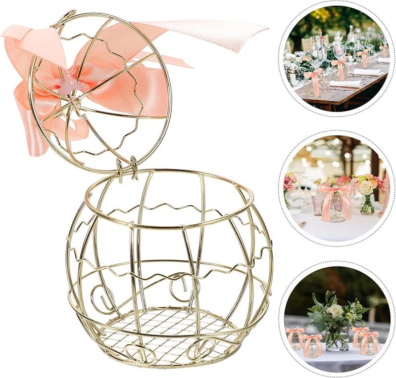 علب حلوى أقفاص الطيور الذهبية الفاتحة المجوفة لحفلات الزفاف مع شريط - Image 5