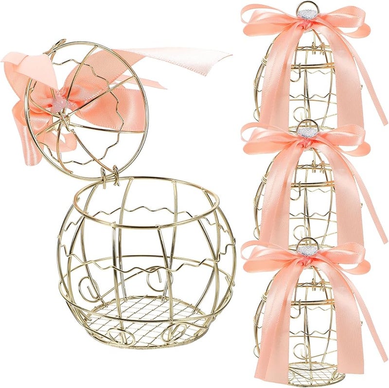 علب حلوى أقفاص الطيور الذهبية الفاتحة المجوفة لحفلات الزفاف مع شريط - Image 2