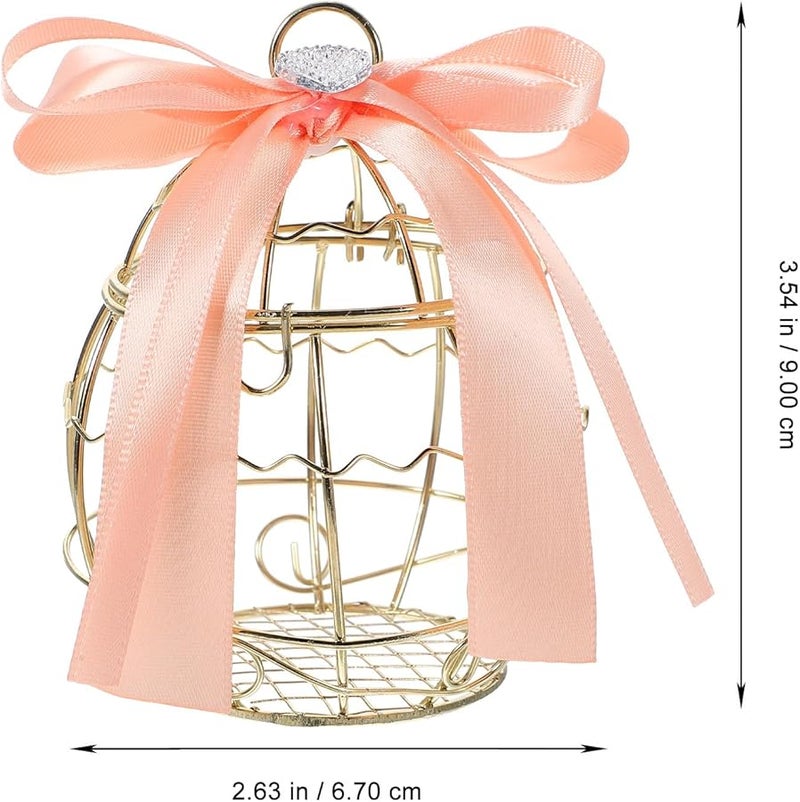 علب حلوى أقفاص الطيور الذهبية الفاتحة المجوفة لحفلات الزفاف مع شريط - Image 4