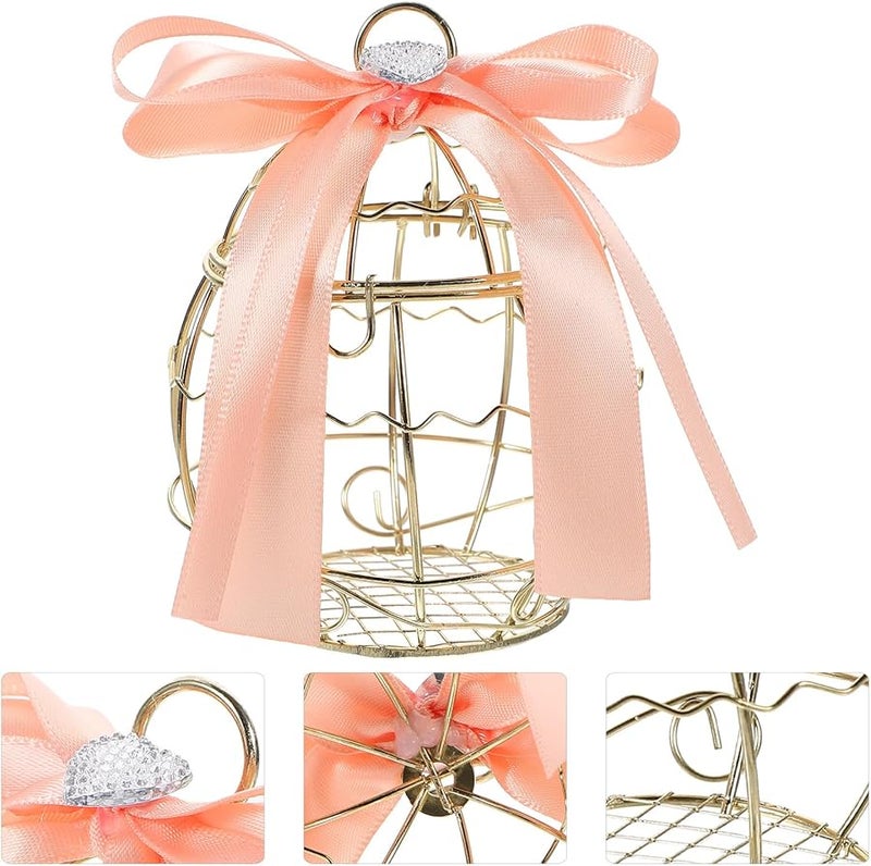 علب حلوى أقفاص الطيور الذهبية الفاتحة المجوفة لحفلات الزفاف مع شريط - Image 3