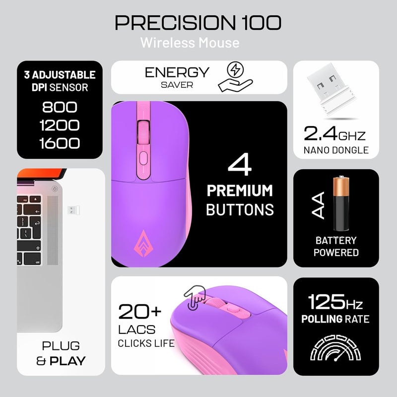 Archer Tech Lab Wireless Mouse,2.4GHz USB Nano Receiver, 3 DPI (800/1200/1600), Ergonomic Lightweight Design 55g,10M Range, Plug & Play, 2 Million Clicks, for Windows PC/Laptop (Precision 100-Purple) - Image 2