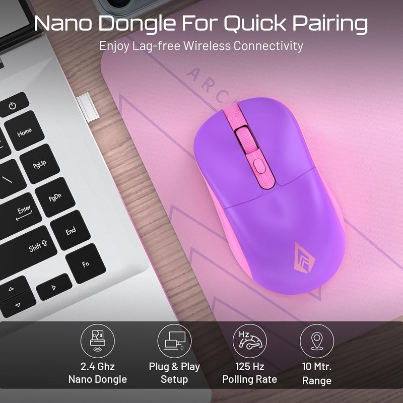 Archer Tech Lab Wireless Mouse,2.4GHz USB Nano Receiver, 3 DPI (800/1200/1600), Ergonomic Lightweight Design 55g,10M Range, Plug & Play, 2 Million Clicks, for Windows PC/Laptop (Precision 100-Purple) - Image 3