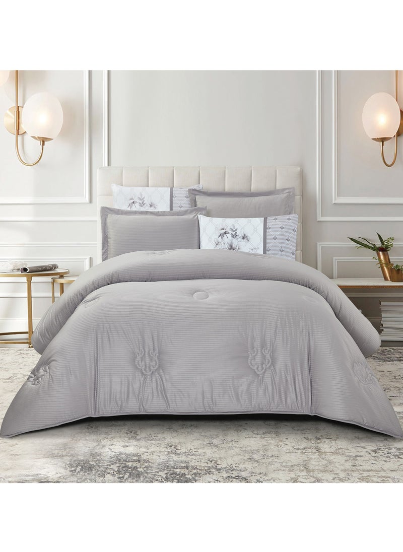 Donetella Comforter Set 6-Pcs King Size Luxurious Solid Thin Striped Embroidery Bed Set Fits 200 x200 Cms (350 GSM) With Down Alternative Filling, Silver Grey  - Image 1