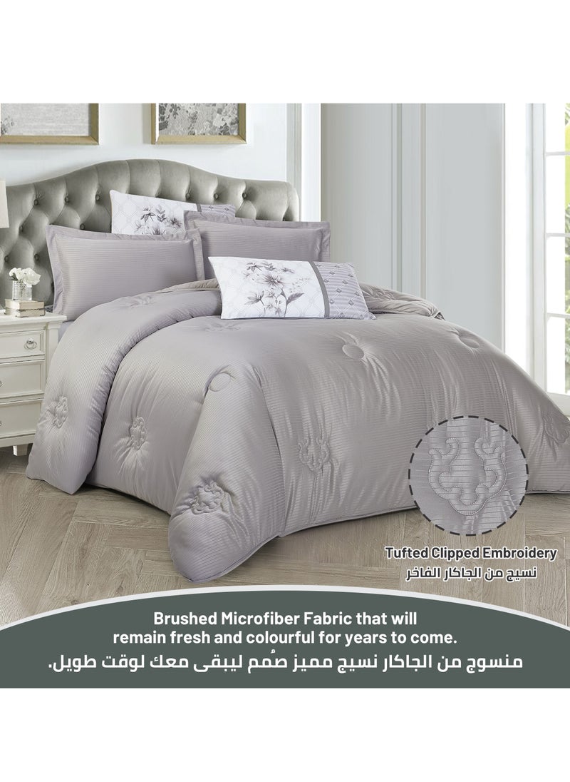 Donetella Comforter Set 6-Pcs King Size Luxurious Solid Thin Striped Embroidery Bed Set Fits 200 x200 Cms (350 GSM) With Down Alternative Filling, Silver Grey  - Image 2