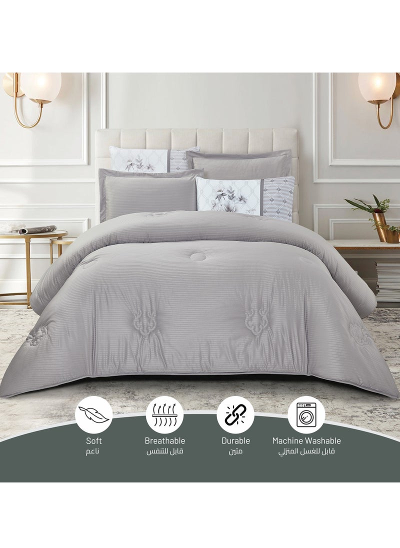 Donetella Comforter Set 6-Pcs King Size Luxurious Solid Thin Striped Embroidery Bed Set Fits 200 x200 Cms (350 GSM) With Down Alternative Filling, Silver Grey  - Image 3