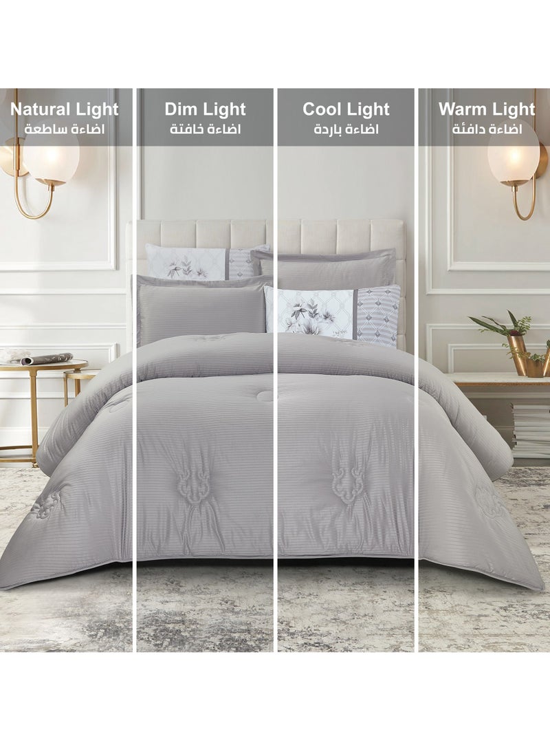 Donetella Comforter Set 6-Pcs King Size Luxurious Solid Thin Striped Embroidery Bed Set Fits 200 x200 Cms (350 GSM) With Down Alternative Filling, Silver Grey  - Image 4