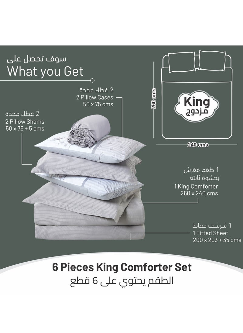 Donetella Comforter Set 6-Pcs King Size Luxurious Solid Thin Striped Embroidery Bed Set Fits 200 x200 Cms (350 GSM) With Down Alternative Filling, Silver Grey  - Image 5