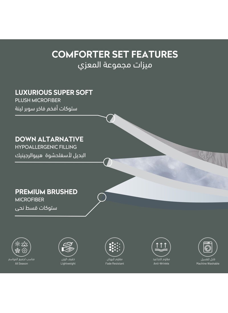 Comforter Set 6-Pcs King Size Luxurious Solid Thin Striped Embroidery Bed Set Fits 200 x200 Cms (350 GSM) With Down Alternative Filling, Silver Grey